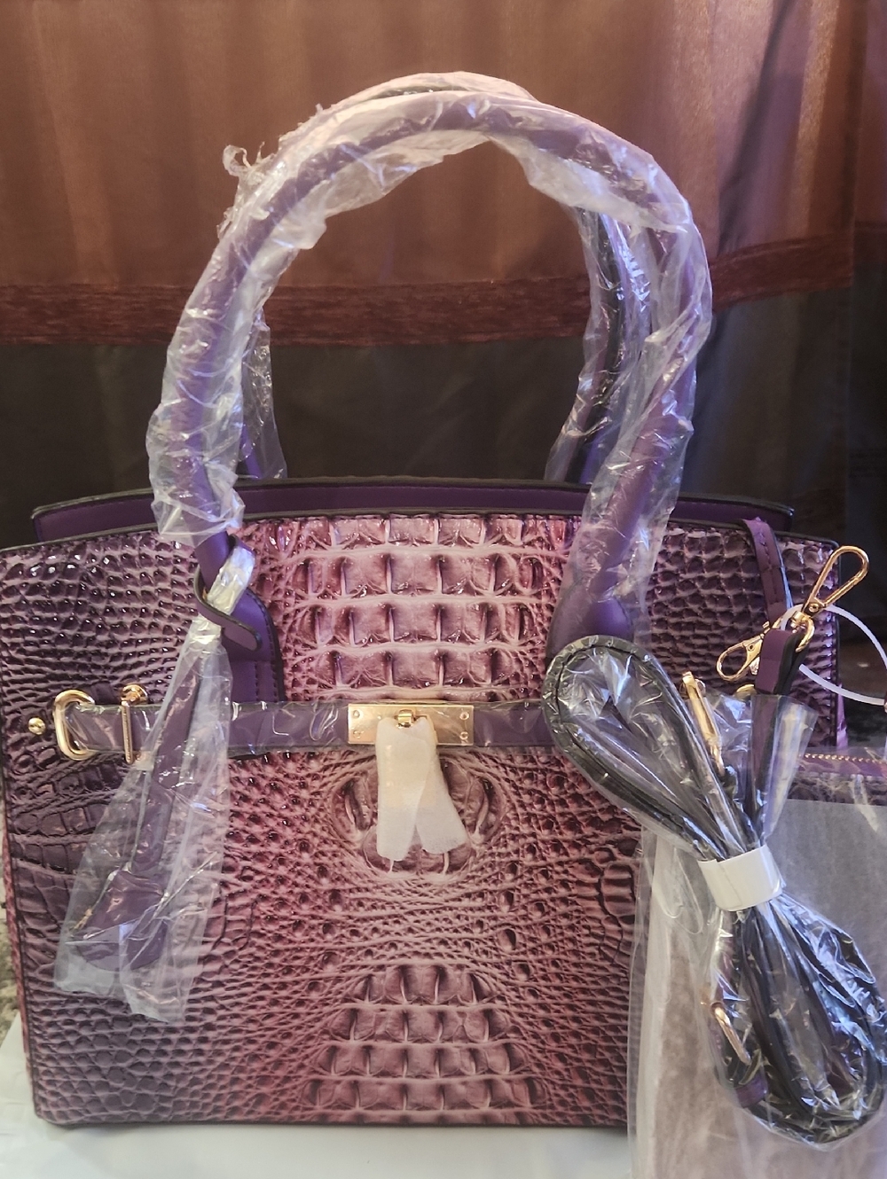 Textured Purple Croc-Pattern Satchel Handbag With Wallet